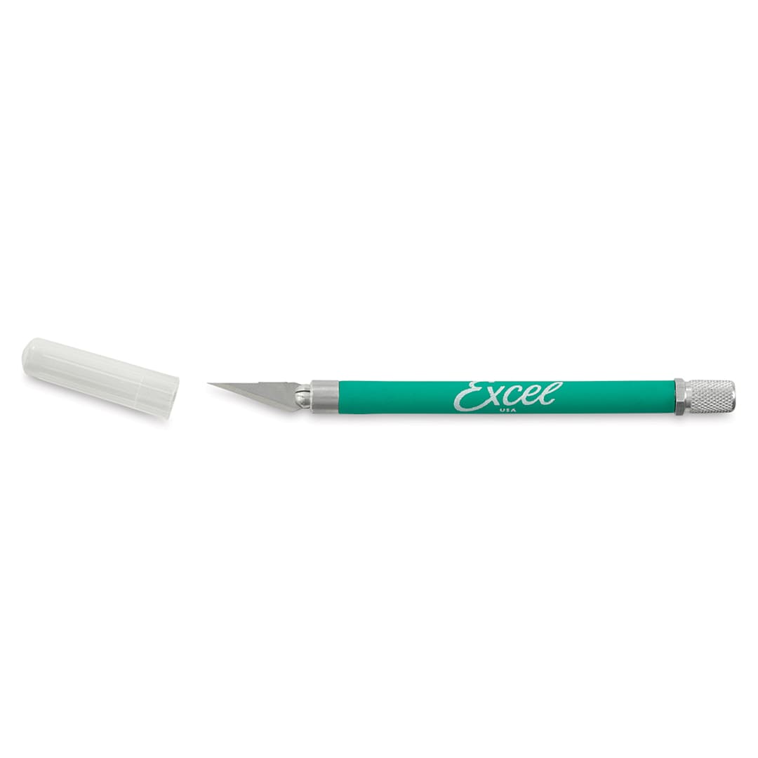 Open in modal - Excel Blades K18 Cushion Grip Knife - Green Knife shown horizontally and uncapped