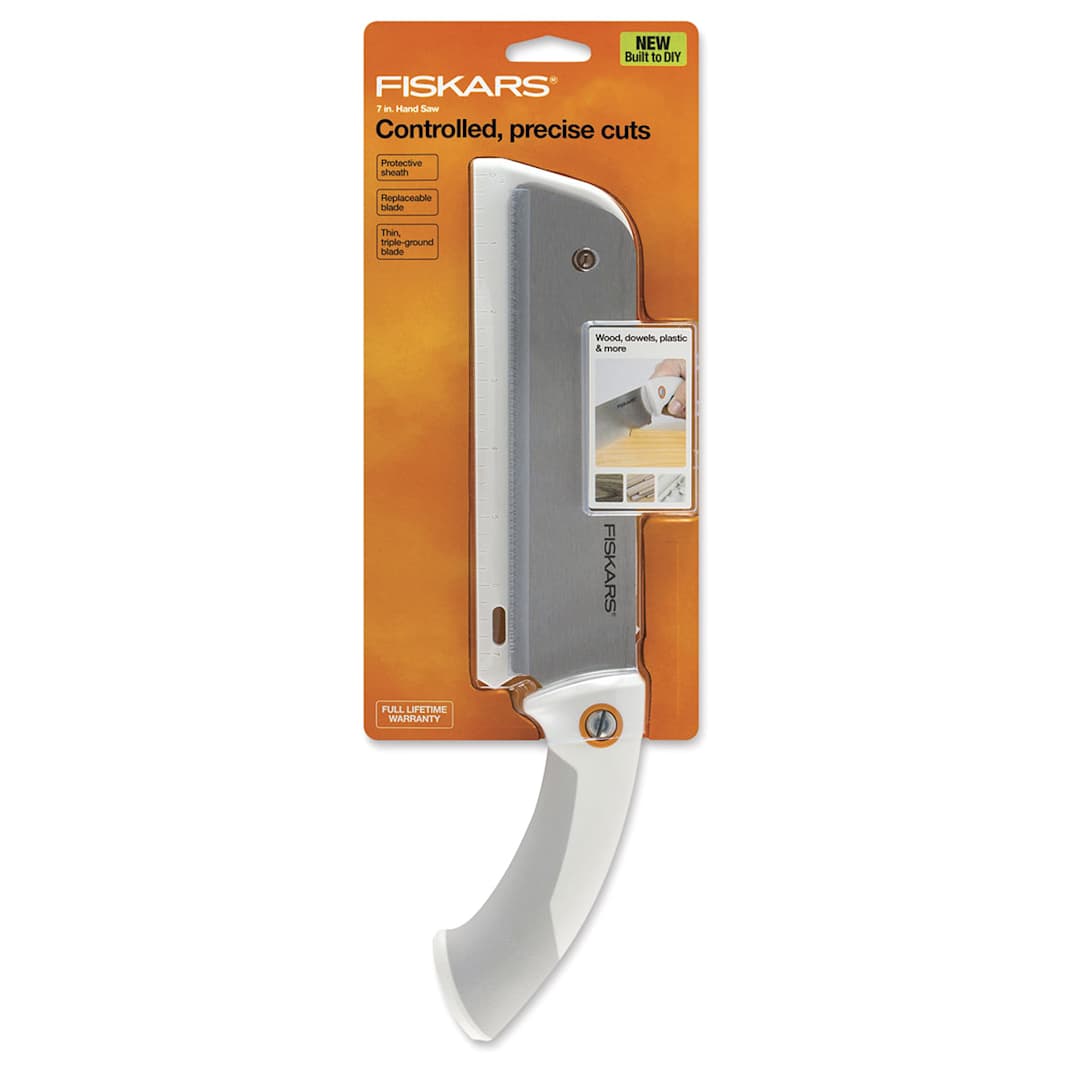 Open in modal - Fiskars Precision Hand Saw - Front of blister package showing Saw and Sheath

