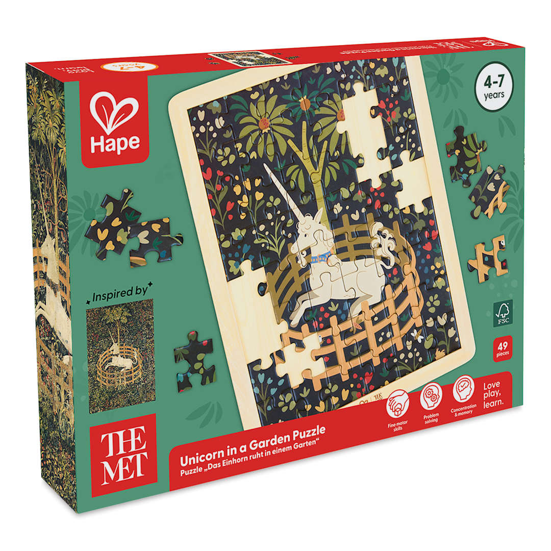 Open in modal - Hape x The Met Unicorn in a Garden Wooden Frame Puzzle, packaging