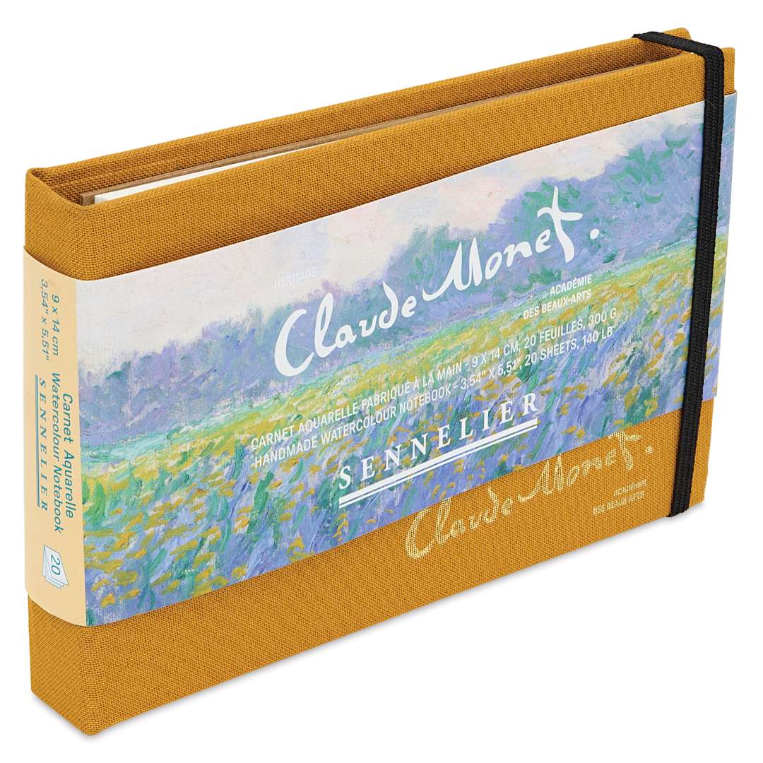 Open in modal - Sennelier Claude Monet Watercolor Notebook - 3.5" x 5.5", Yellow, angled view with label