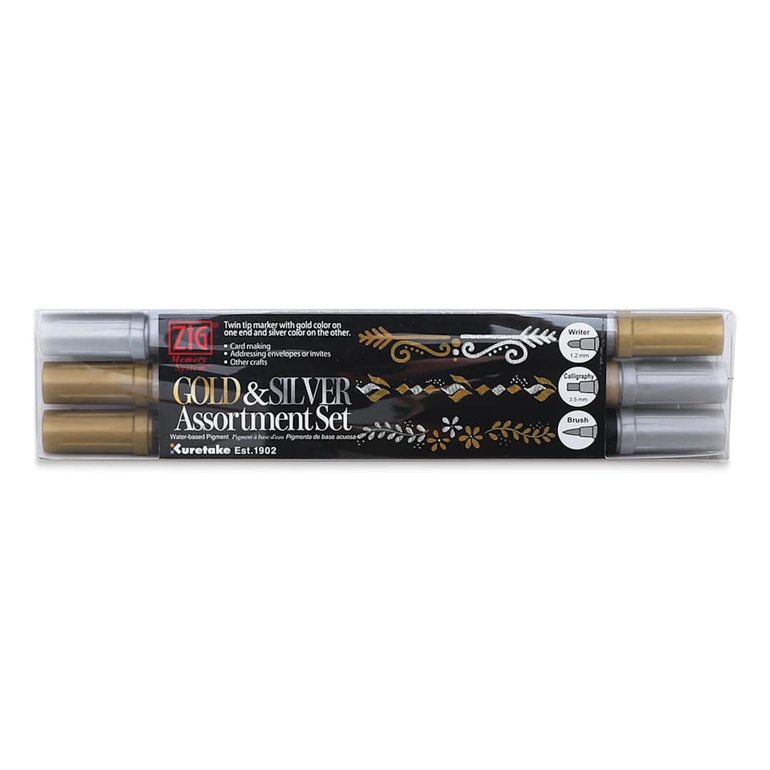 Open in modal - Kuretake Zig Gold and Silver Markers Set (front of package)