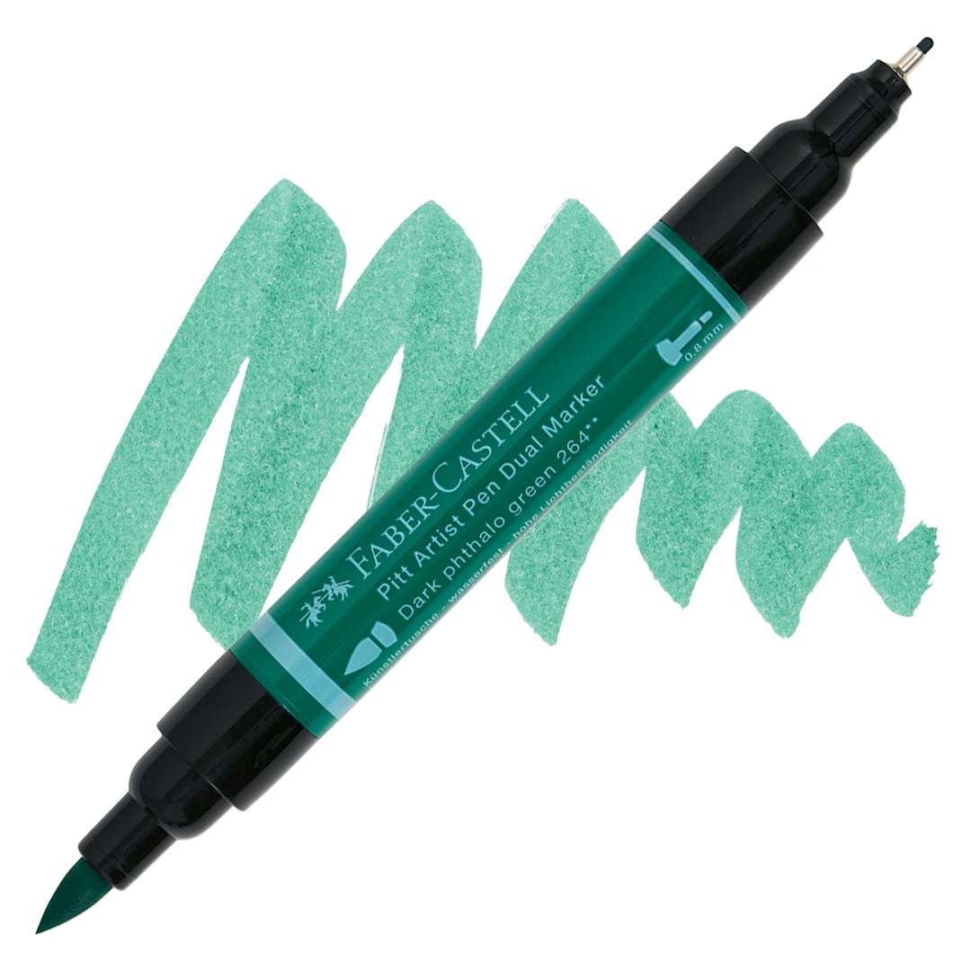 Open in modal - Faber-Castell Pitt Artist Pen Dual Tip Marker - Dark Phthalo Green 164 marker and swatch
