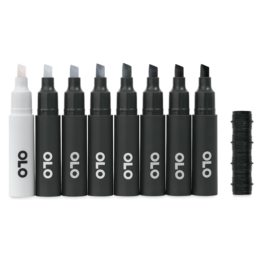 Open in modal - Olo Chisel Dual-Tip Markers - Set of 8, Neutral Gray, caps off