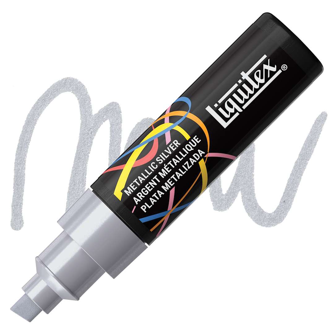 Open in modal - Liquitex Marker - Metallic Silver, Chisel Tip, 8 mm marker with swatch