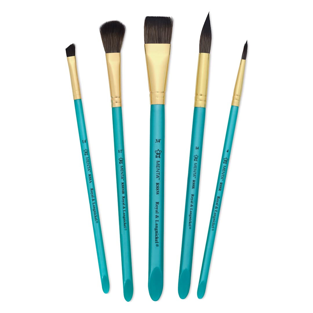 Open in modal - Royal & Langnickel Menta Synthetic Squirrel Watercolor Wash Brush Set contents