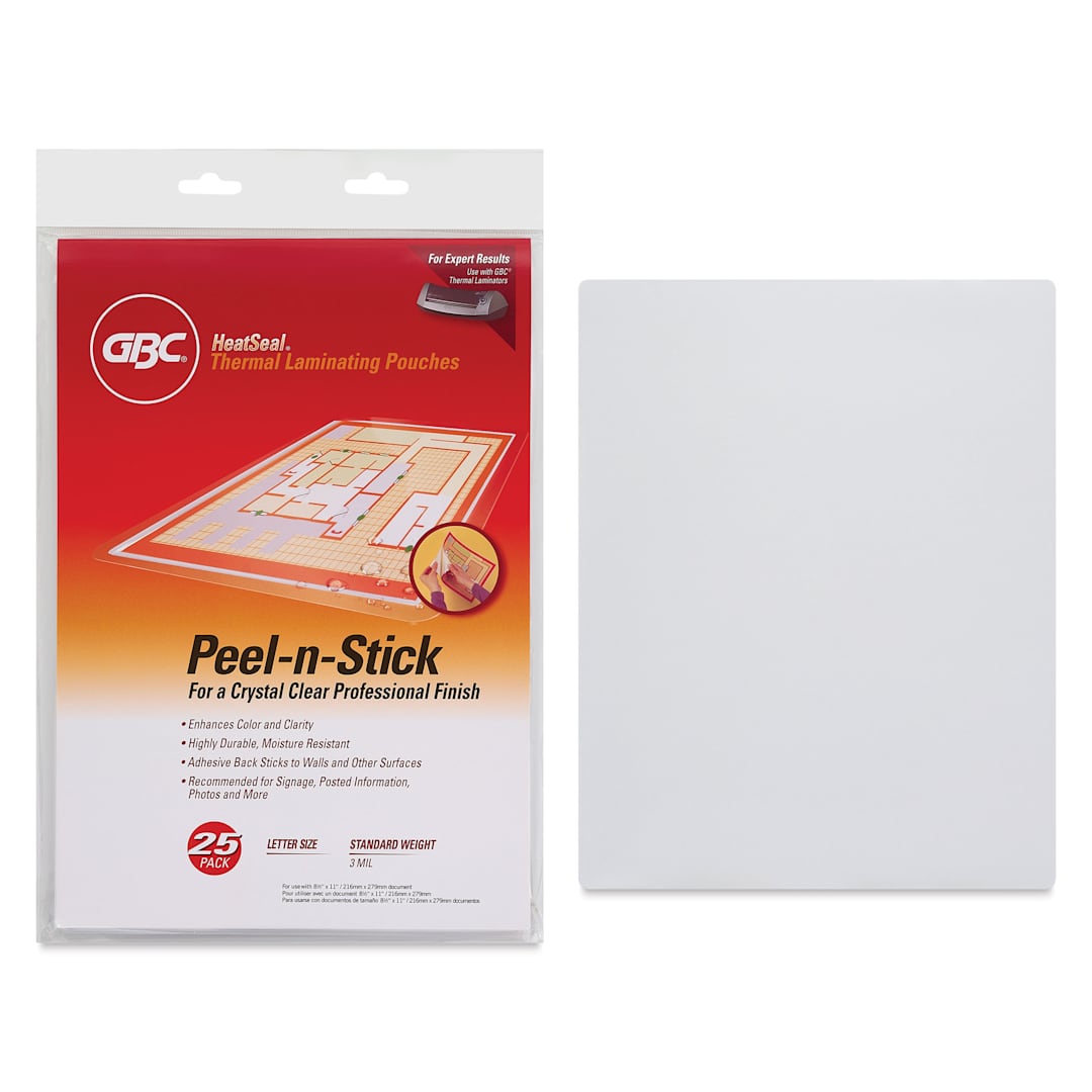 Open in modal - GBC Peel ‘N Stick Thermal Laminating Pouches - 9" x 11-1/2", Pkg of 25, packaging and contents