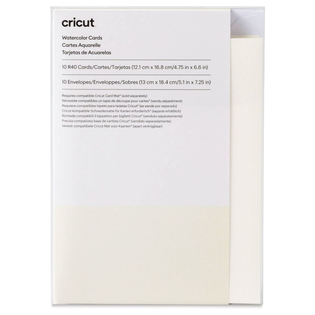 Open in modal - Cricut Watercolor Cards and Envelopes - R40, Ivory Cards, Pkg of 10, front of the packaging