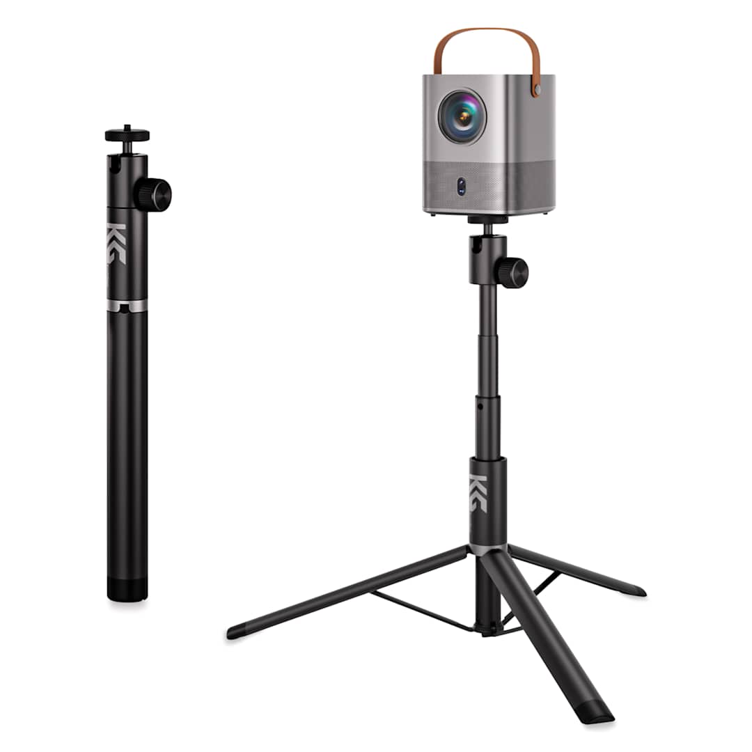 Open in modal - KraftGeek Compact Projector Stand - shown compact and exteneded with projector (not included)