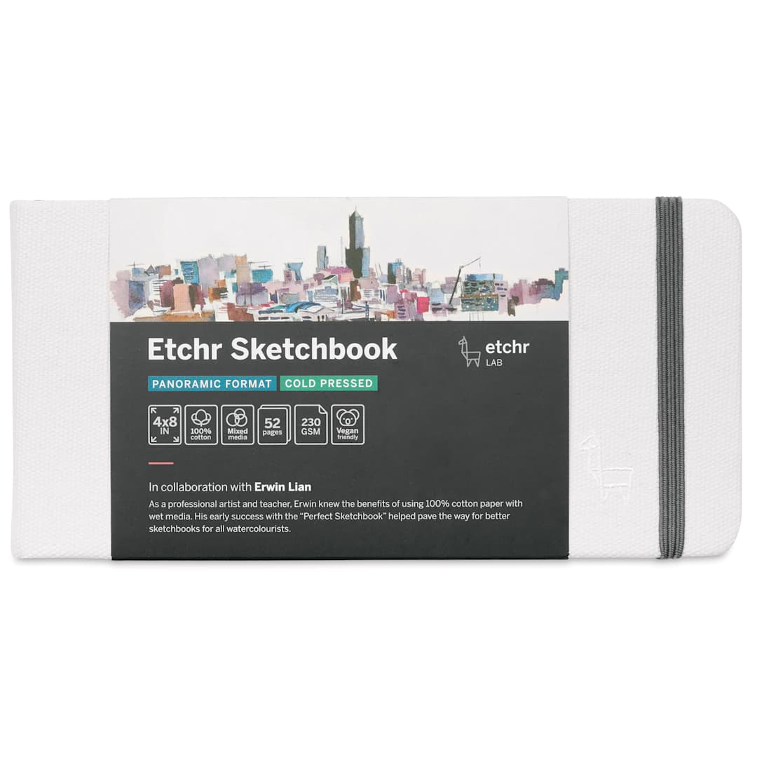 Open in modal - Etchr Mixed Media Hardbound Sketchbook - Cold Press, Panoramic, 4" x 8", 110 lb, front of packaging