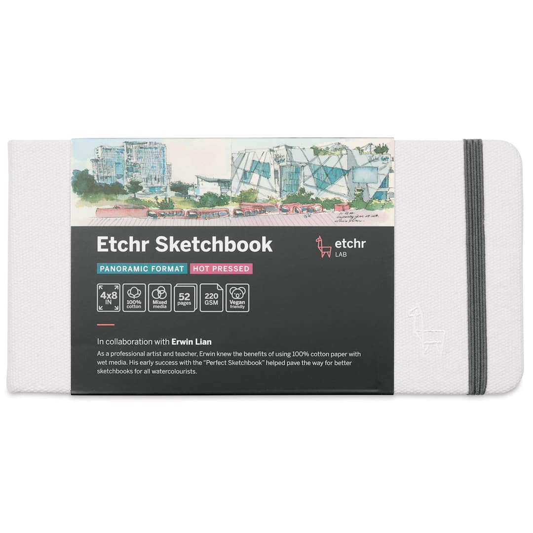 Open in modal - Etchr Mixed Media Hardbound Sketchbook - Hot Press, Panoramic, 4" x 8", 100 lb, front of packaging