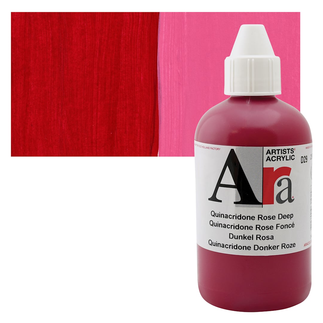 Open in modal - Ara Artists’ Acrylic Paint - Quinacridone Rose Deep, 250 ml bottle and swatch
