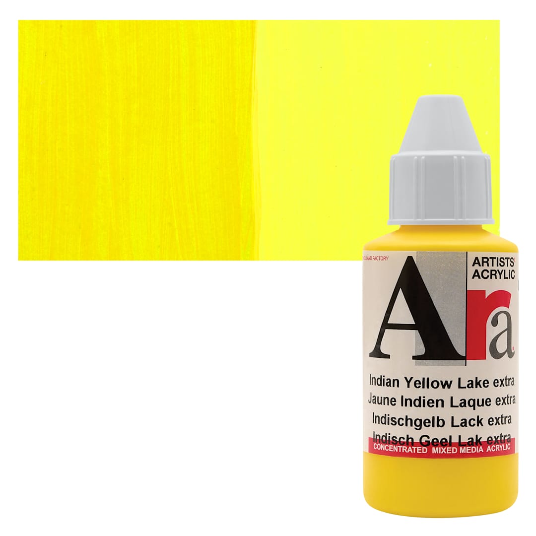 Open in modal - Ara Artists’ Acrylic Paint - Indian Yellow Lake Extra, 100 ml bottle and swatch