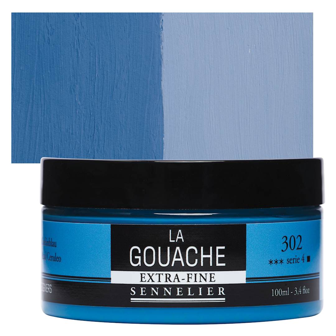 Open in modal - Sennelier Extra Fine Gouache - Cerulean Blue, 100 ml Jar and swatch