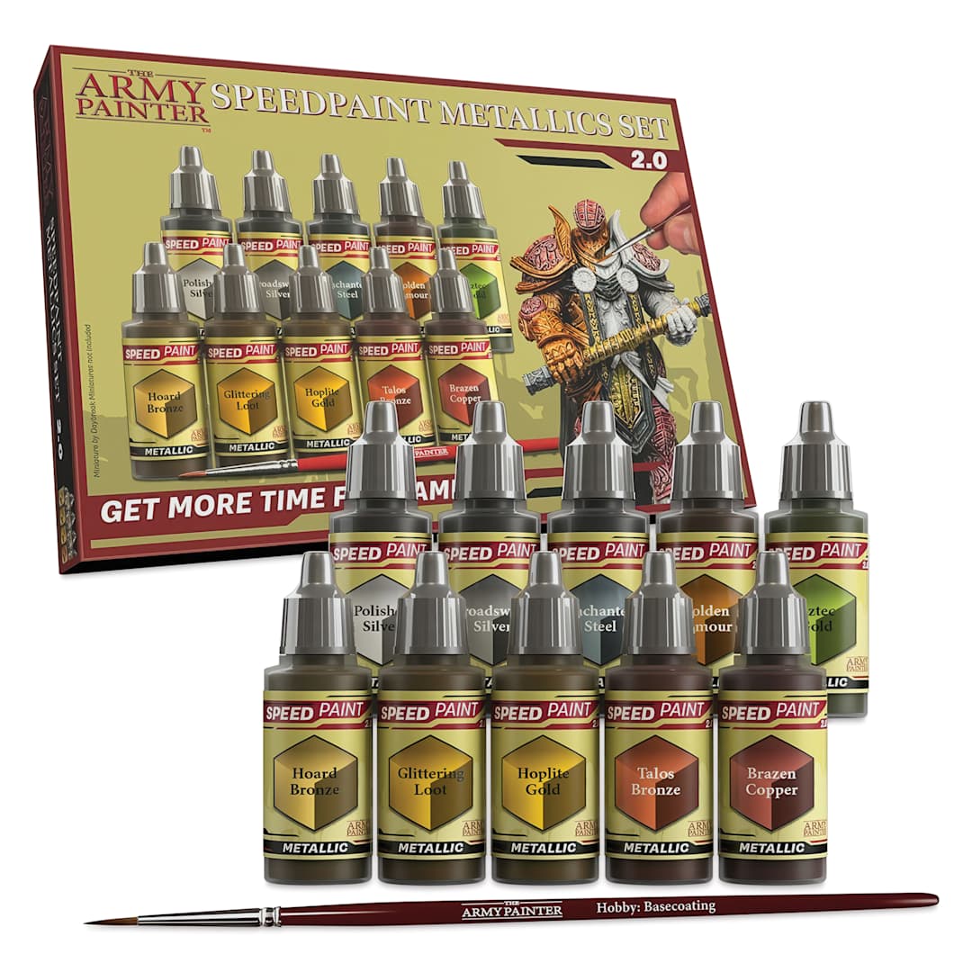 Open in modal - The Army Painter Acrylic Speedpaints - Set of 10, Metallics 2.0 packaging with included colors and basecoating brush.
