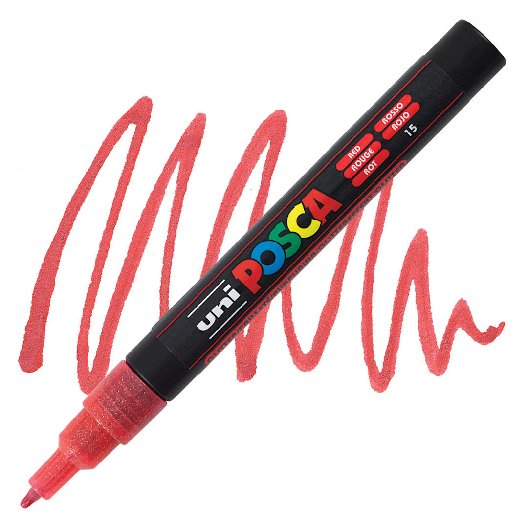 Open in modal - Posca Paint Marker - Glitter Red, Fine, Bullet Tip, 0.9 mm - 1.3 mm - marker and swatch