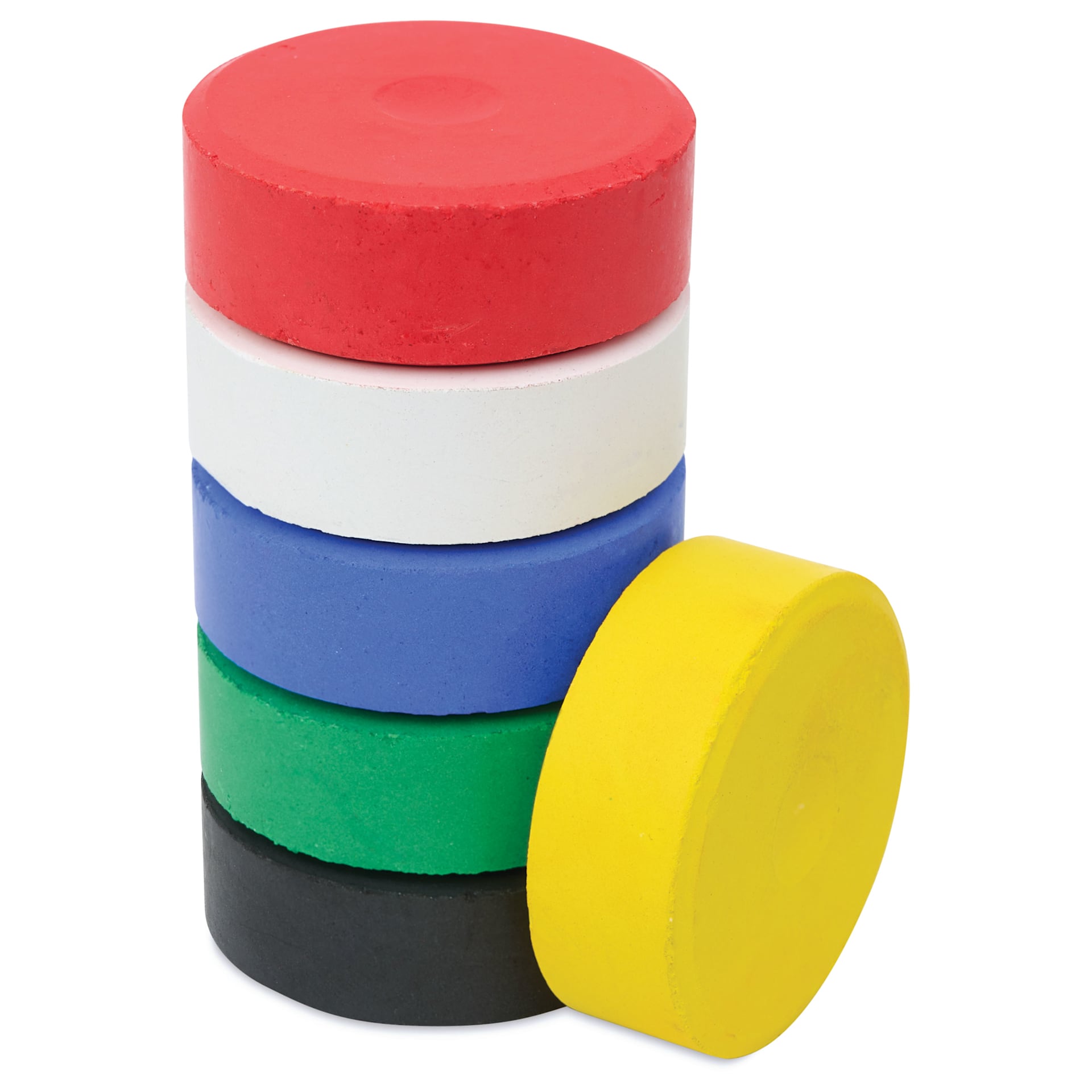 Blick Essentials Tempera Cakes - Set of 6 with Tray, Medium, Primary Colors. stack of cakes with one on the side