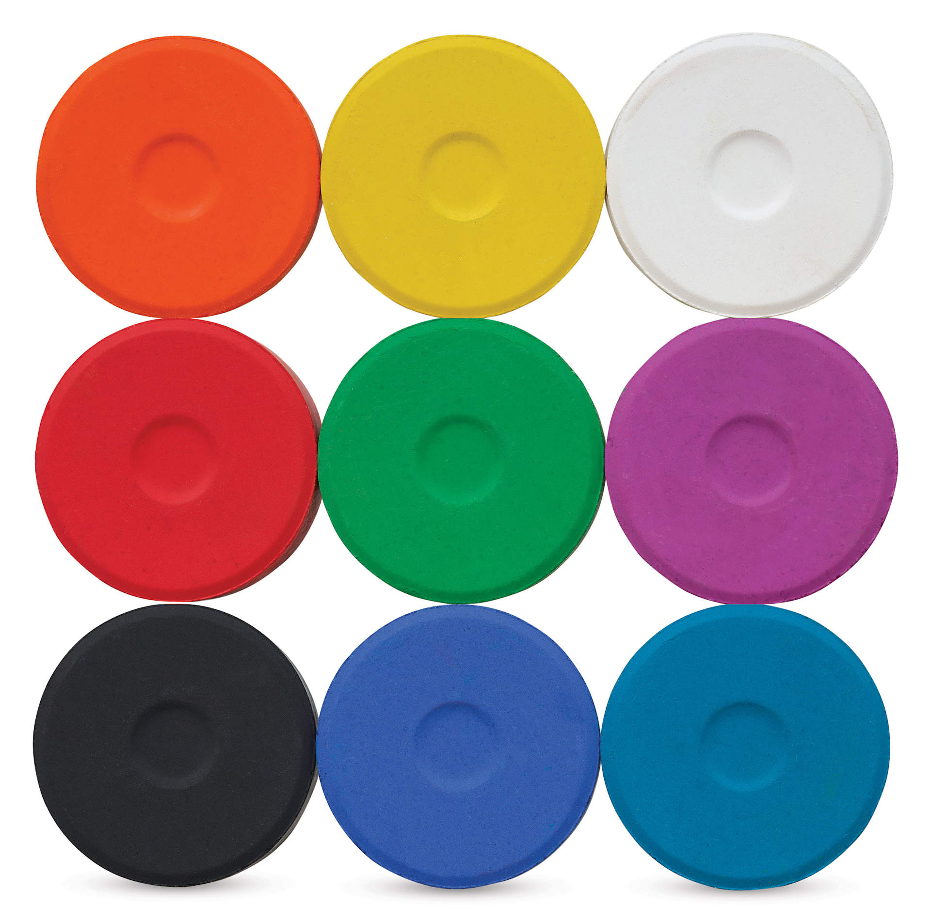 Blick Essentials Tempera Cakes - Set of 9, Large, Assorted Color, out of packaging side by side Blick Essentials Tempera Cakes - Set of 9, Large, Assorted Color, out of packaging side by side