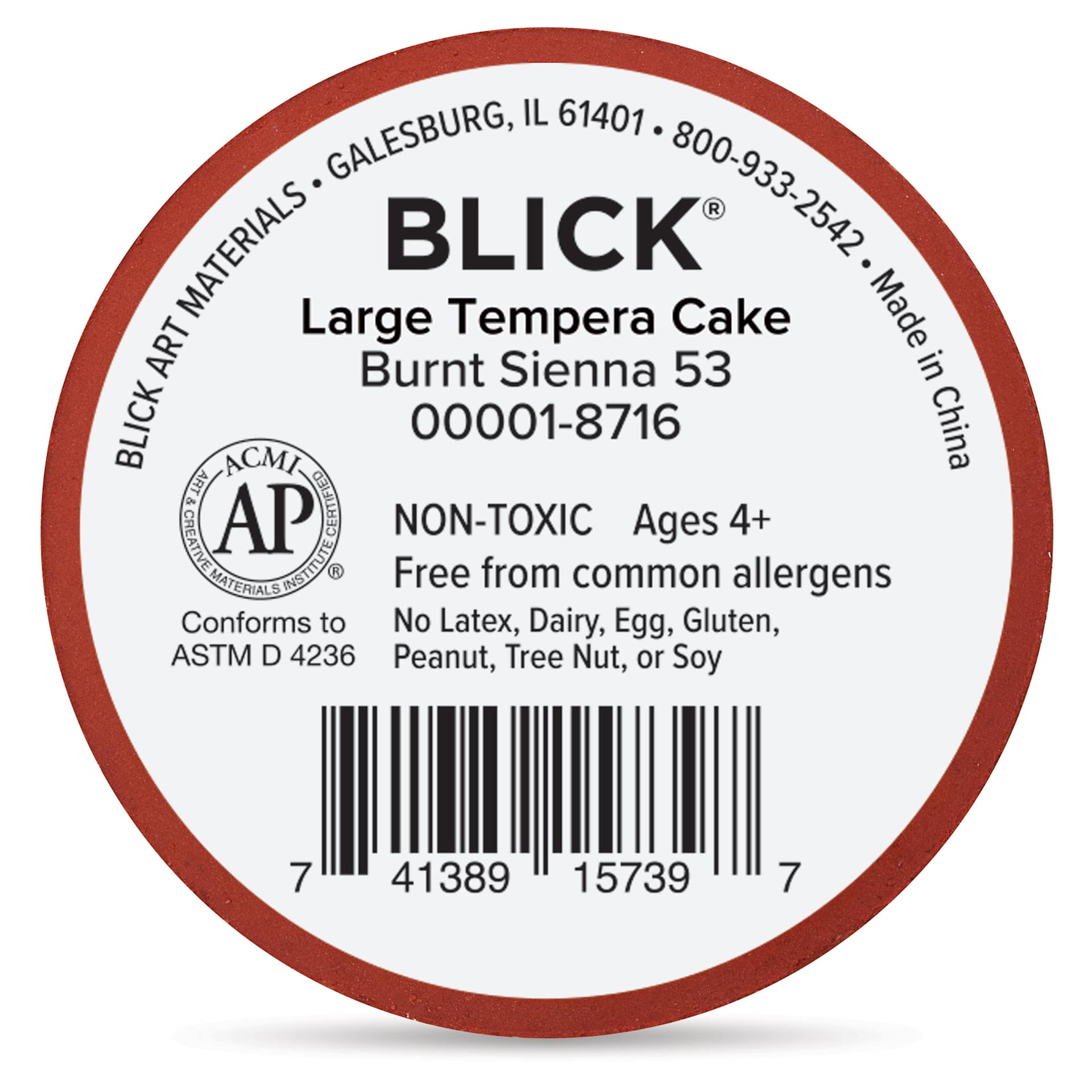 Back of the Large Burnt Sienna Blick Essentials Tempera Cake