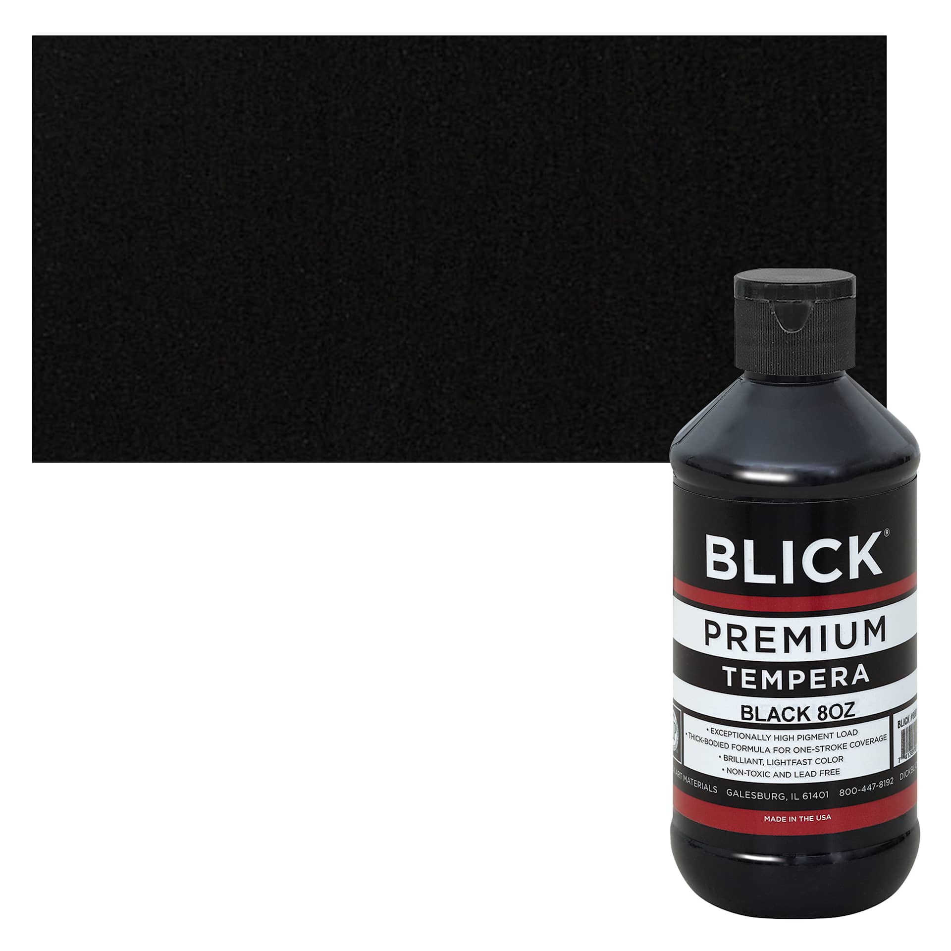 Blick Premium Grade Tempera - Black, 8 oz bottle and swatch