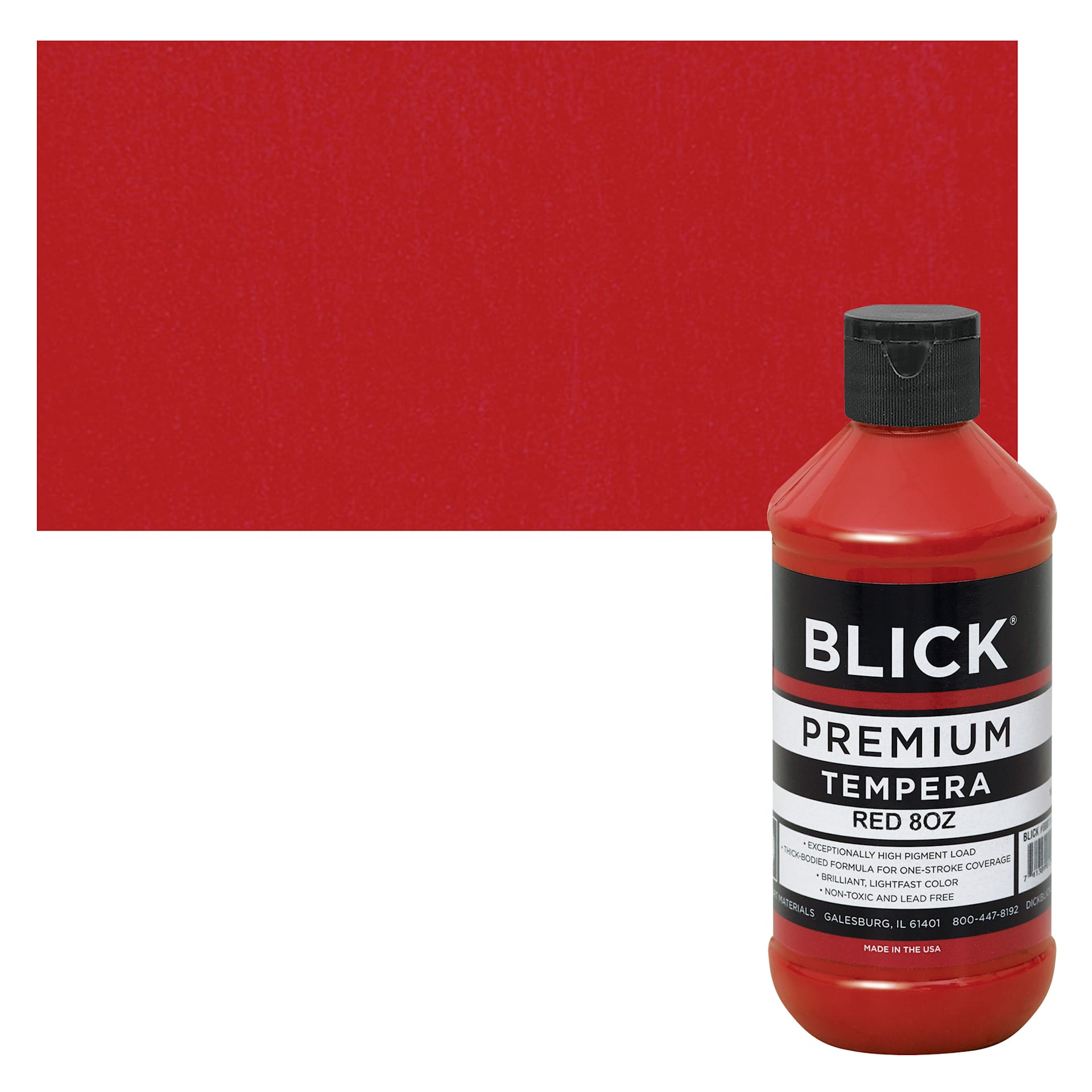 Blick Premium Grade Tempera - Red, 8 oz bottle and swatch