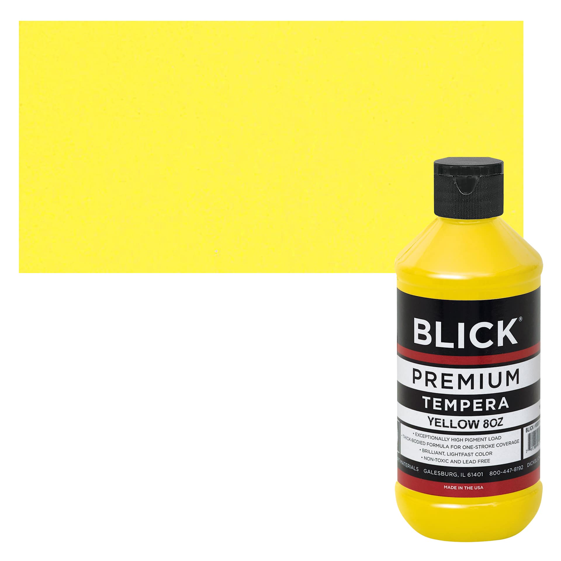 Blick Premium Grade Tempera - Yellow, 8 oz bottle and swatch
