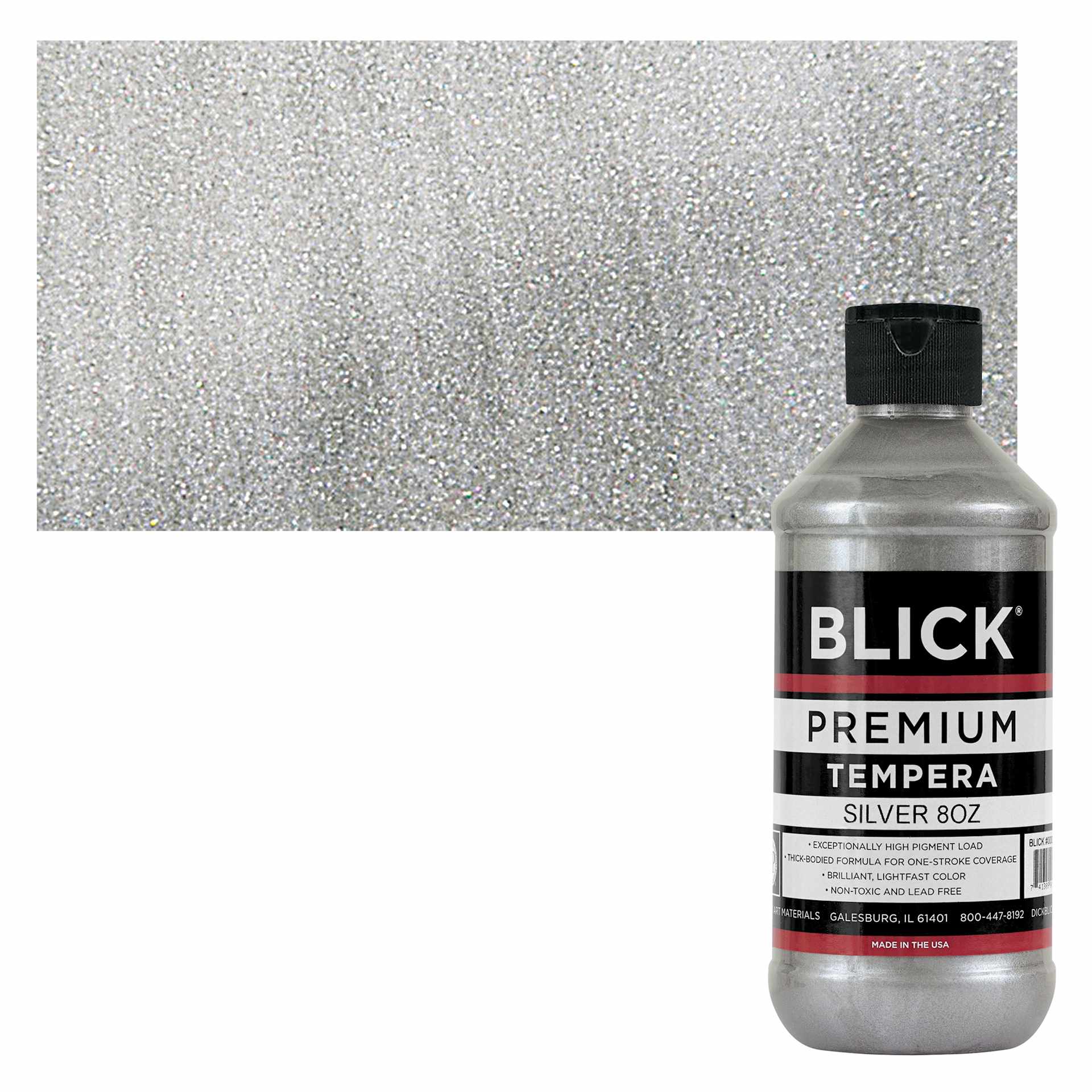 Blick Premium Grade Tempera - Silver, 8 oz bottle and swatch