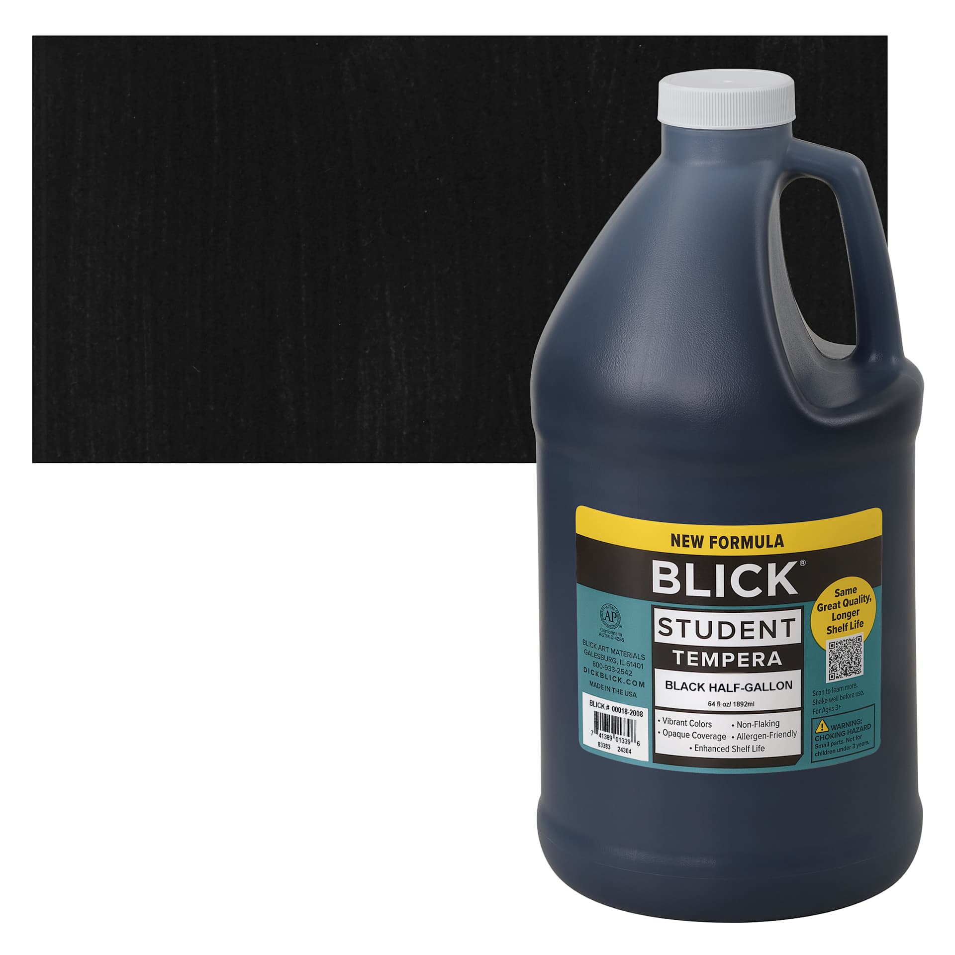 Blick Student Tempera Paint - Black, 64 oz bottle and swatch