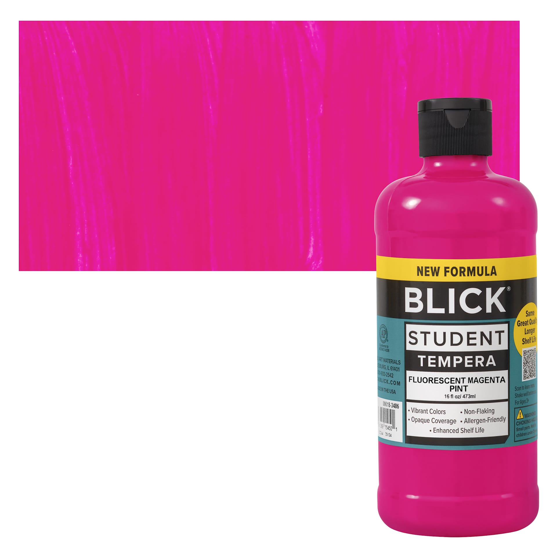 Blick Student Tempera Paint - Fluorescent Magenta, 16 oz Bottle and swatch