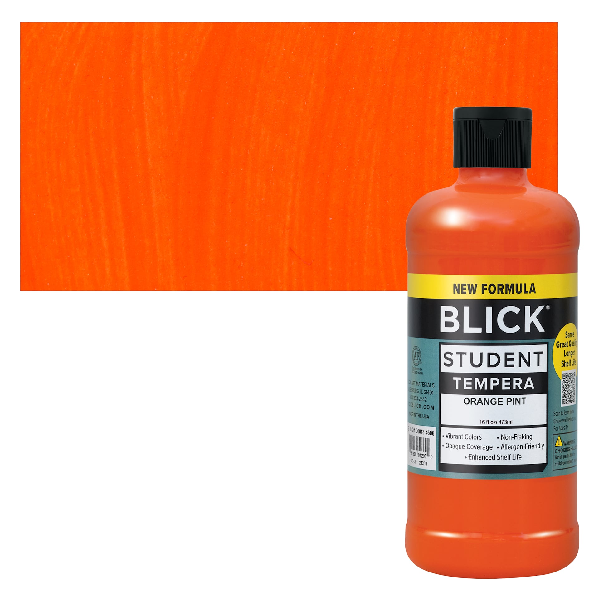 Blick Student Tempera Paint - Orange, 16 oz bottle and swatch