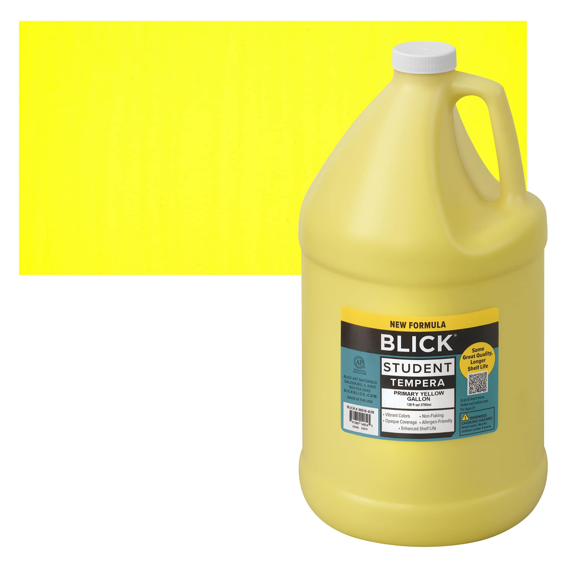 Blick Student Tempera Paint - Primary Yellow, 128 oz bottle and swatch