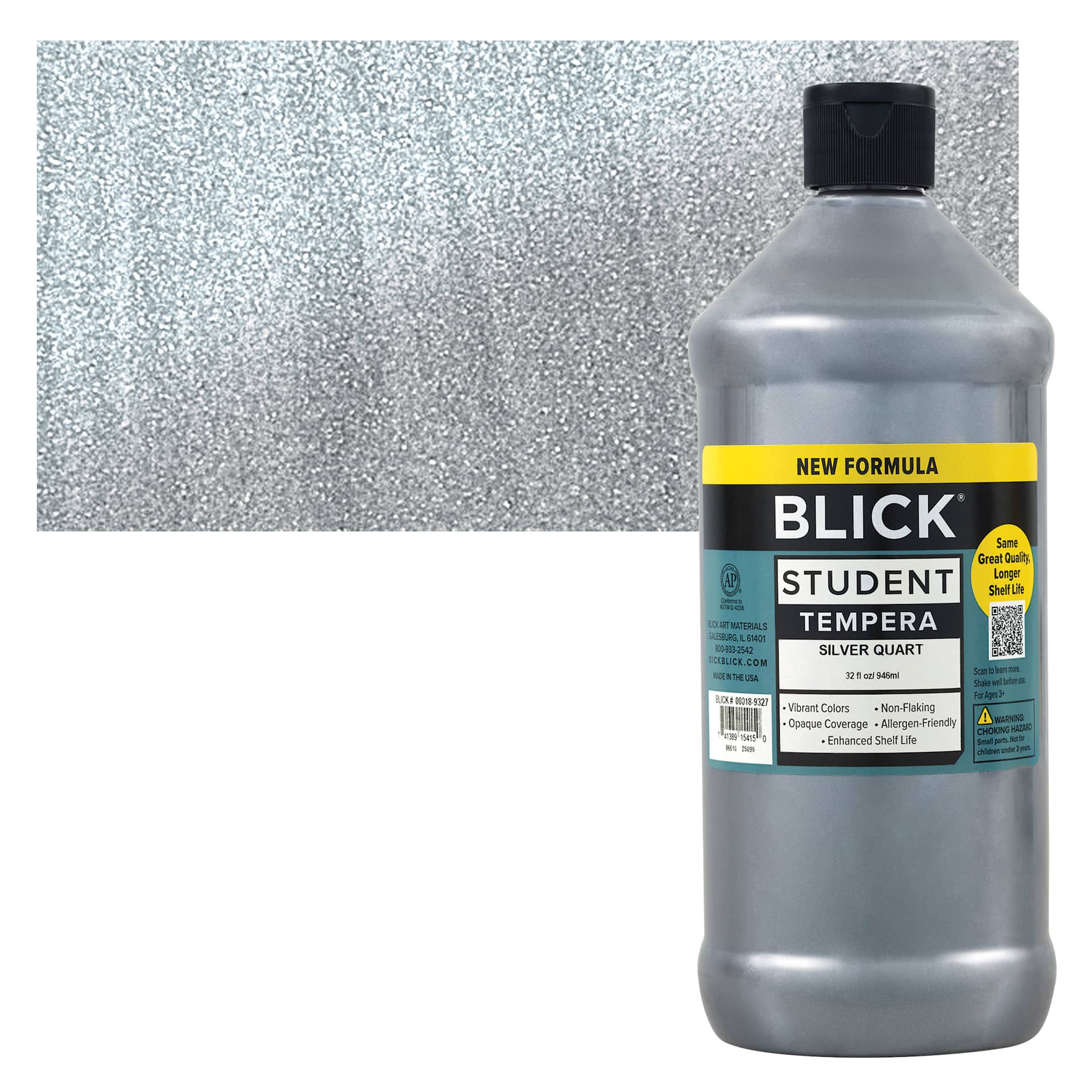 Blick Student Tempera Paint - Metallic Silver, 32 oz Bottle and swatch