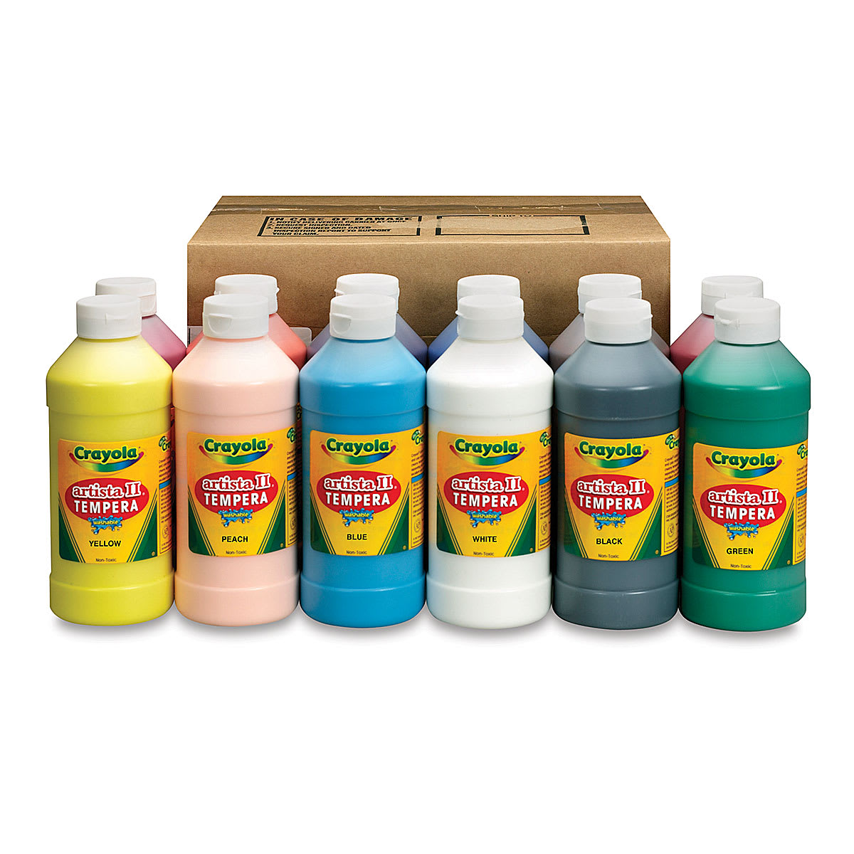 Crayola Artista II Liquid Washable Tempera - Set of 12, 16 oz bottles in front of packaging Crayola Artista II Liquid Washable Tempera - Set of 12, 16 oz bottles in front of packaging