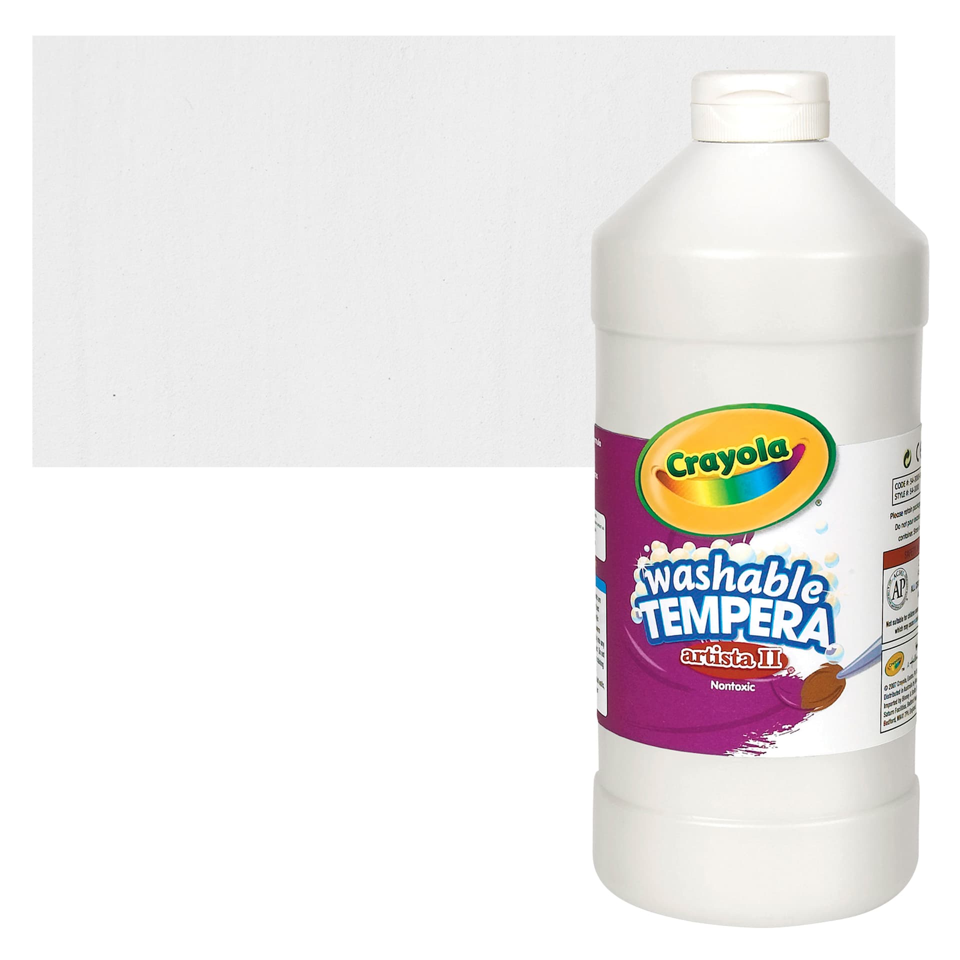 Crayola Artista II Liquid Washable Tempera - White, 32 oz Bottle and swatch