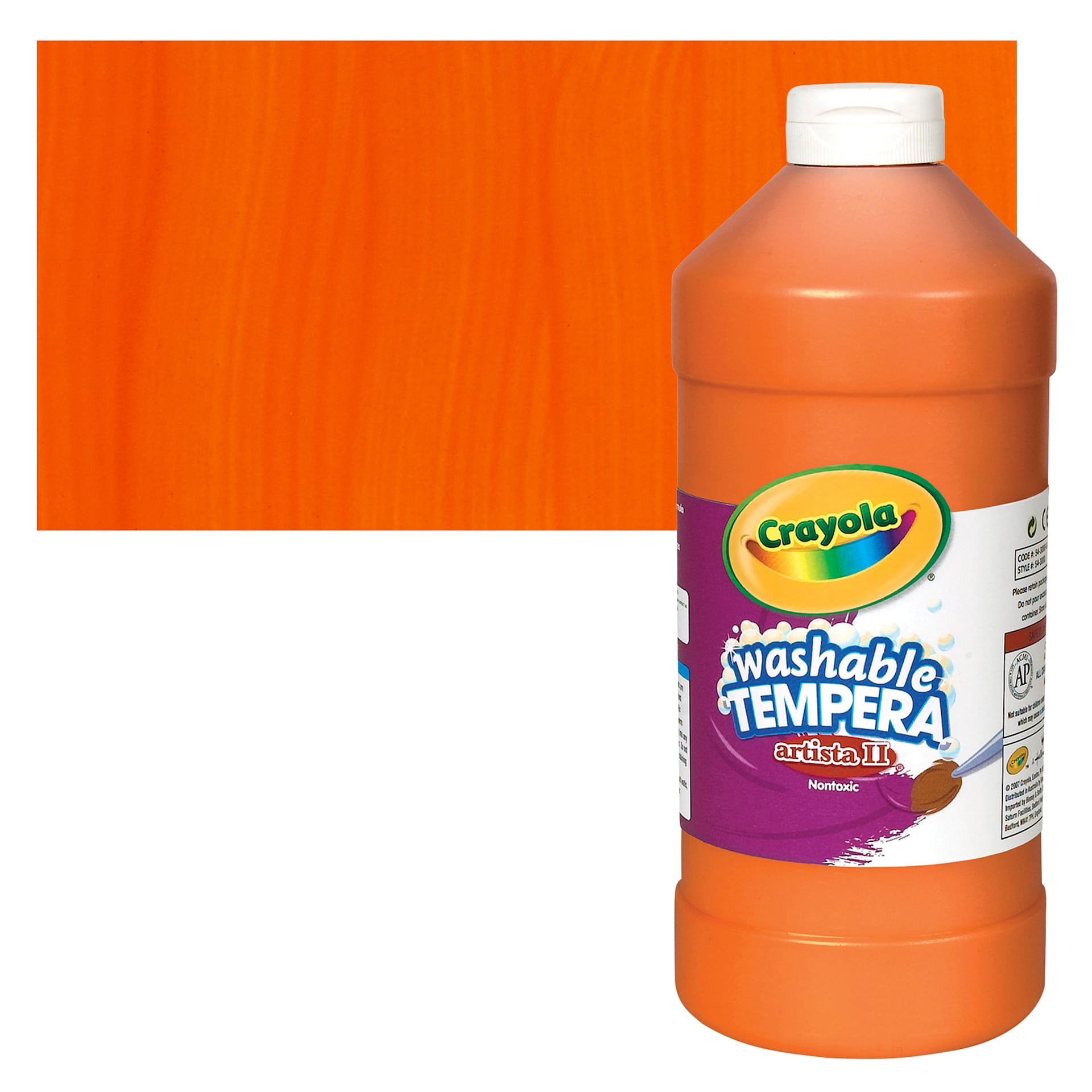 Crayola Artista II Liquid Washable Tempera - Orange, 32 oz bottle and swatch