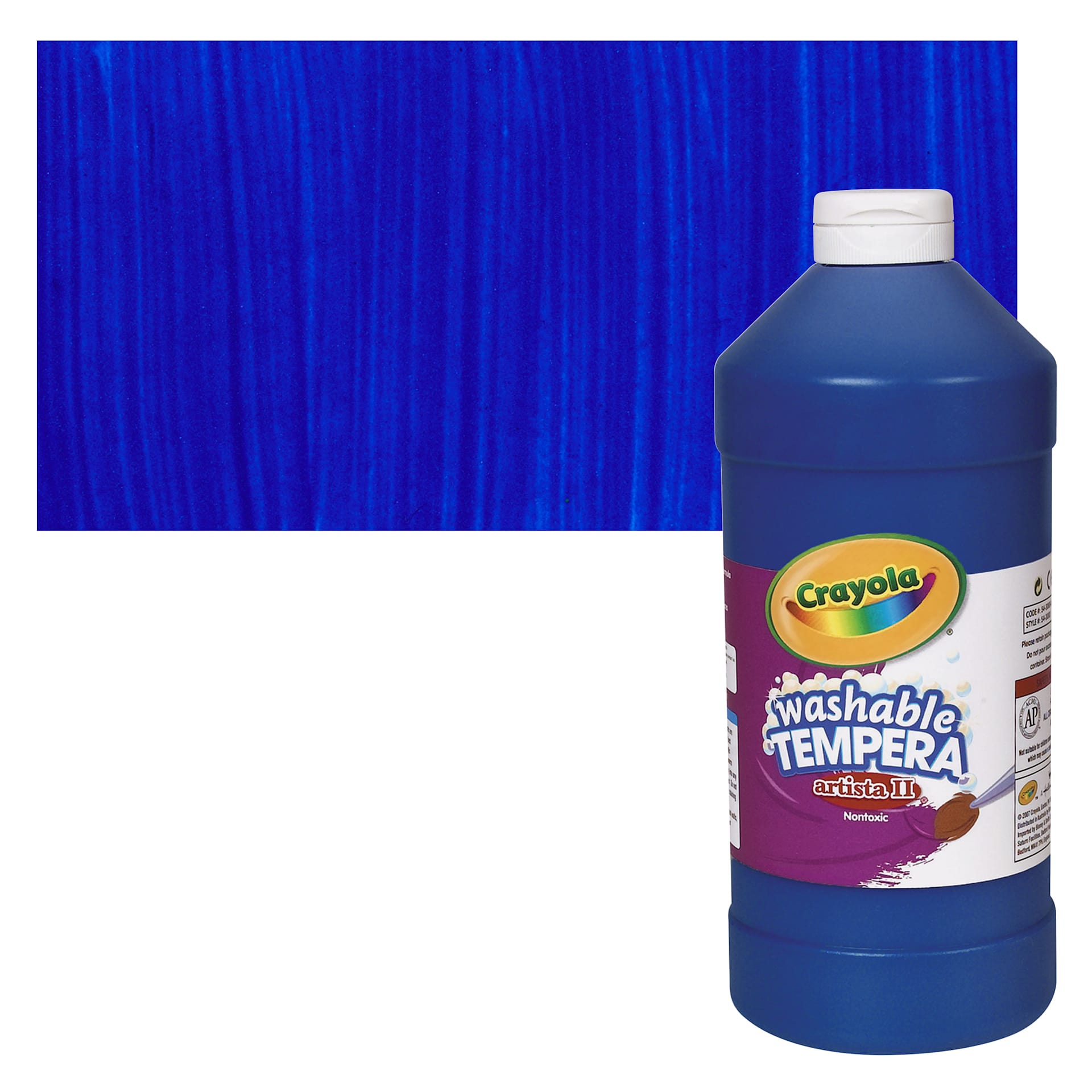 Crayola Artista II Liquid Washable Tempera - Blue, 16 oz bottle and swatch
