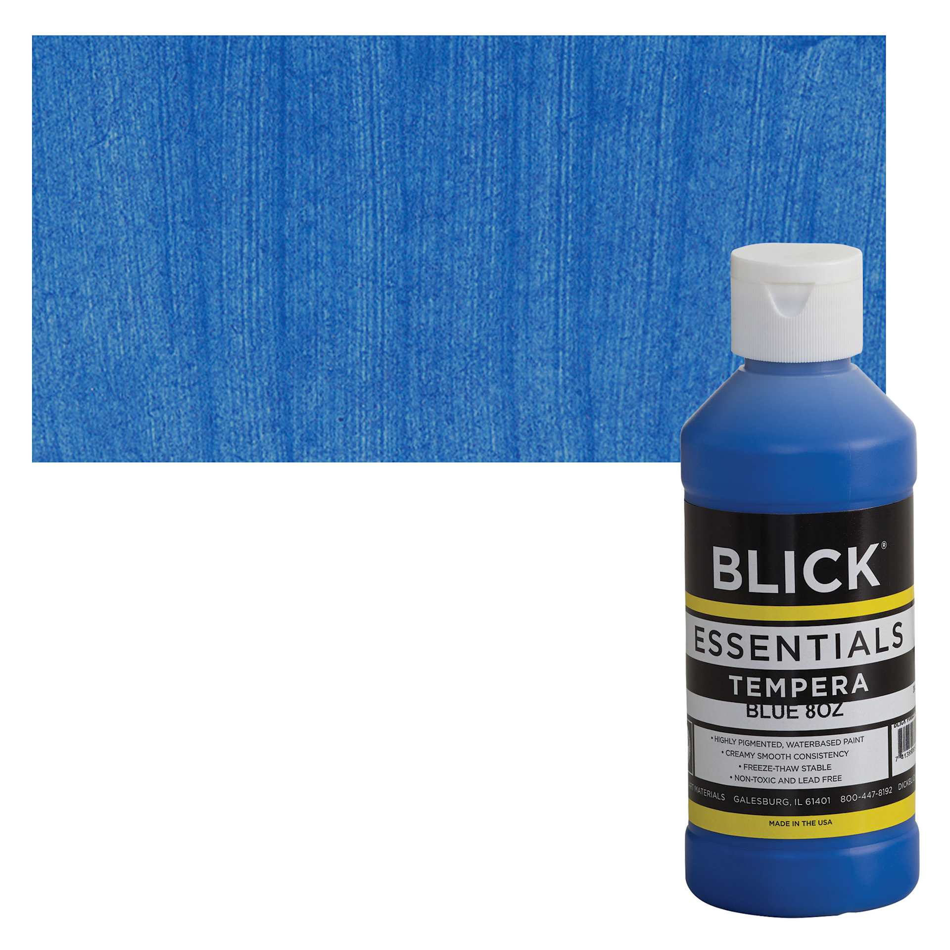 Blick Essentials Tempera - Blue, 8 oz bottle and swatch