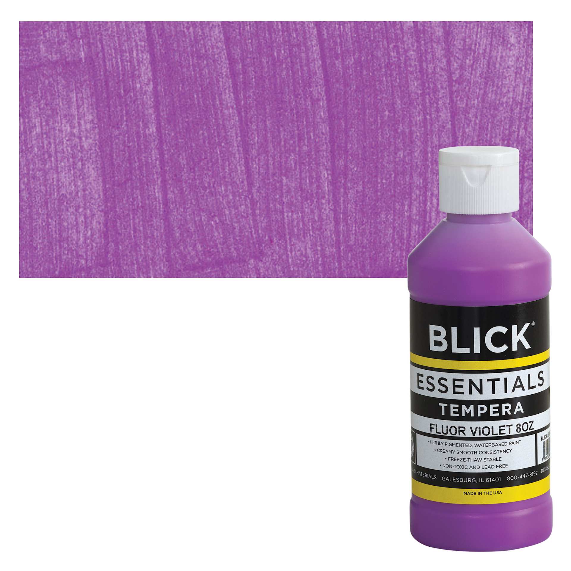 Blick Essentials Tempera - Fluorescent Violet, 8 oz bottle and swatch