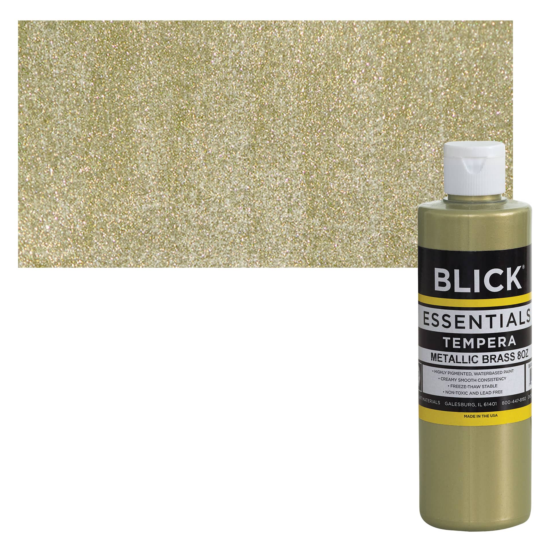 Blick Essentials Tempera - Brass (Metallic), 8 oz bottle and swatch