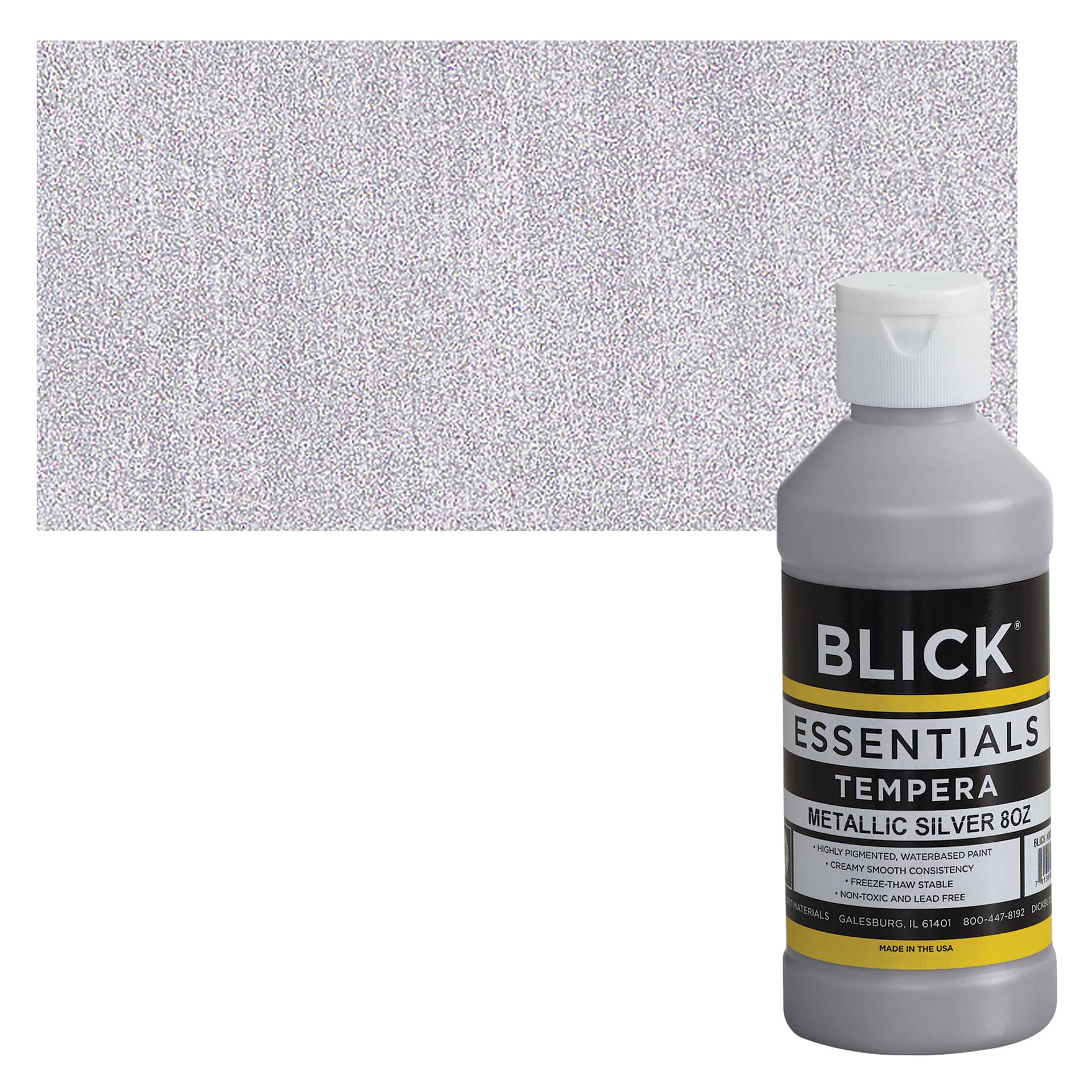 Blick Essentials Tempera - Silver (Metallic), 8 oz bottle and swatch