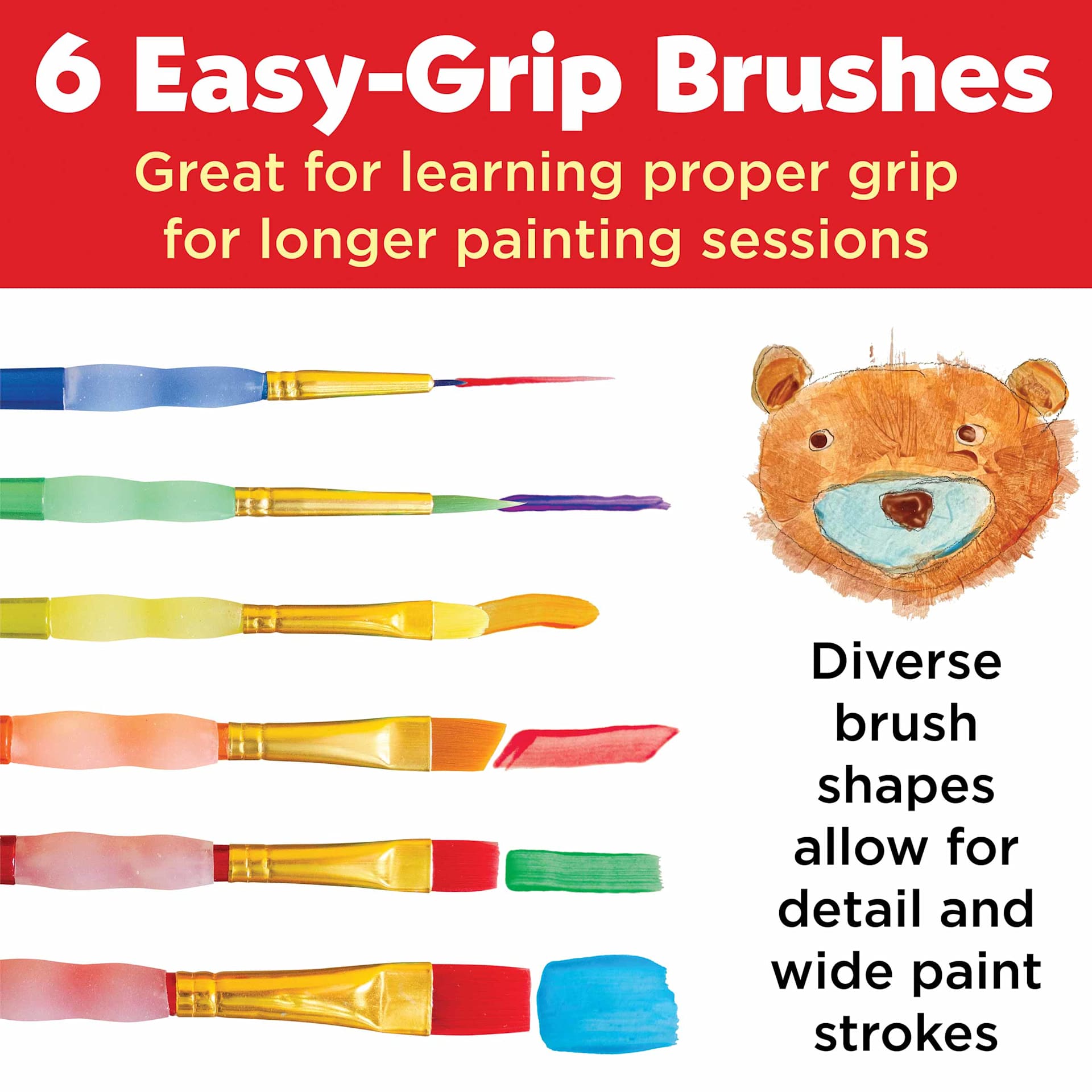 Easy-grip brushes. Great for learning proper grip for longer painting sessions. Diverse brush shapes allow for detail and wide paint strokes.