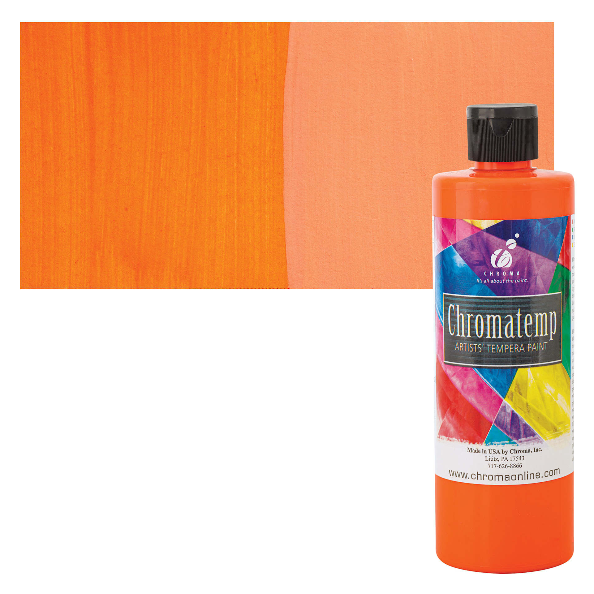 Chroma Chromatemp Artists' Tempera Paint - Fluorescent Orange, Pint and swatch