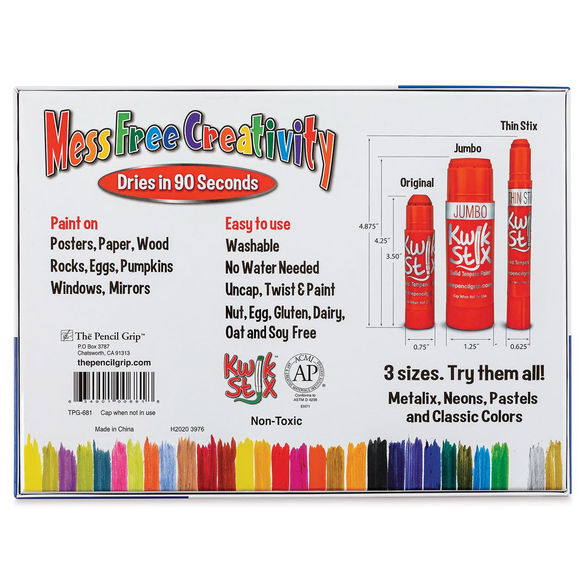 Kwik Stix Tempera Paint - Set of 30, Assorted Colors (Back of packaging)