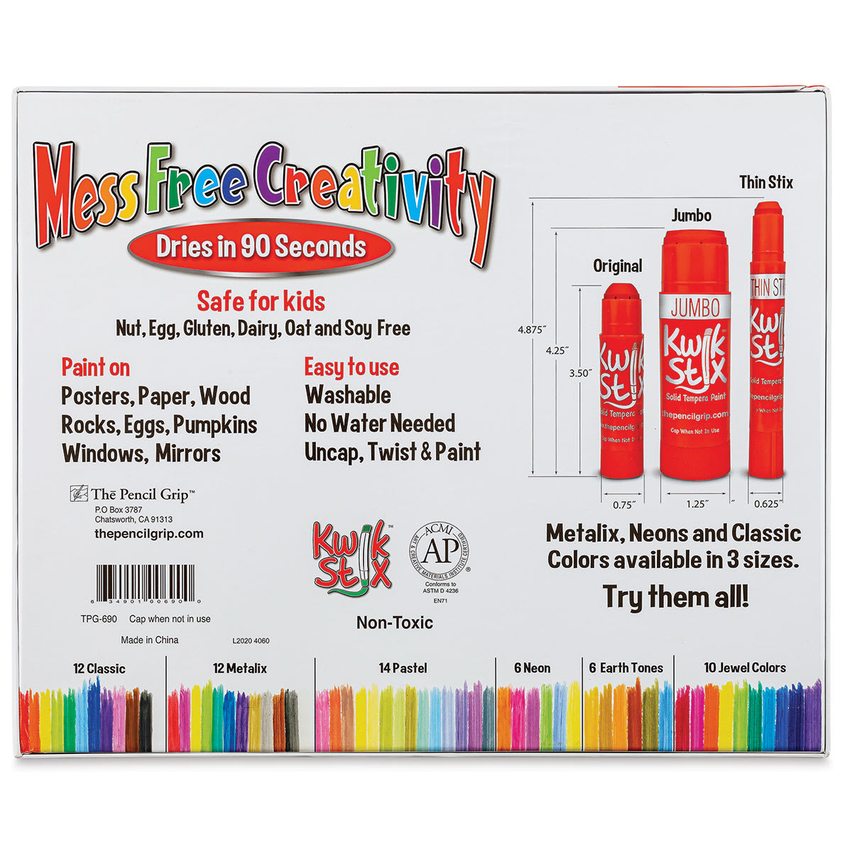 Kwik Stix Tempera Paint - Master Art Set of 60, Assorted Colors (Back of packaging)