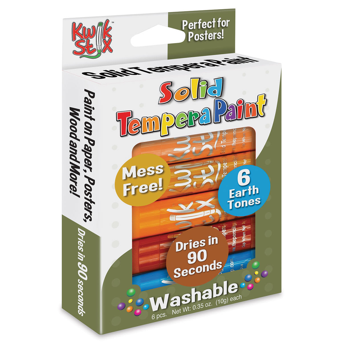 Kwik Stix Tempera Paint - Earth Tones, Set of 6 (In packaging, Angled view)