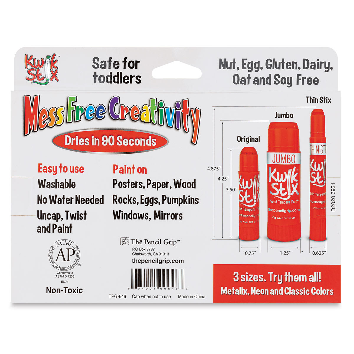 Kwik Stix Tempera Paint - Jumbo Stix, Classic Colors, Set of 6 (Back of packaging)
