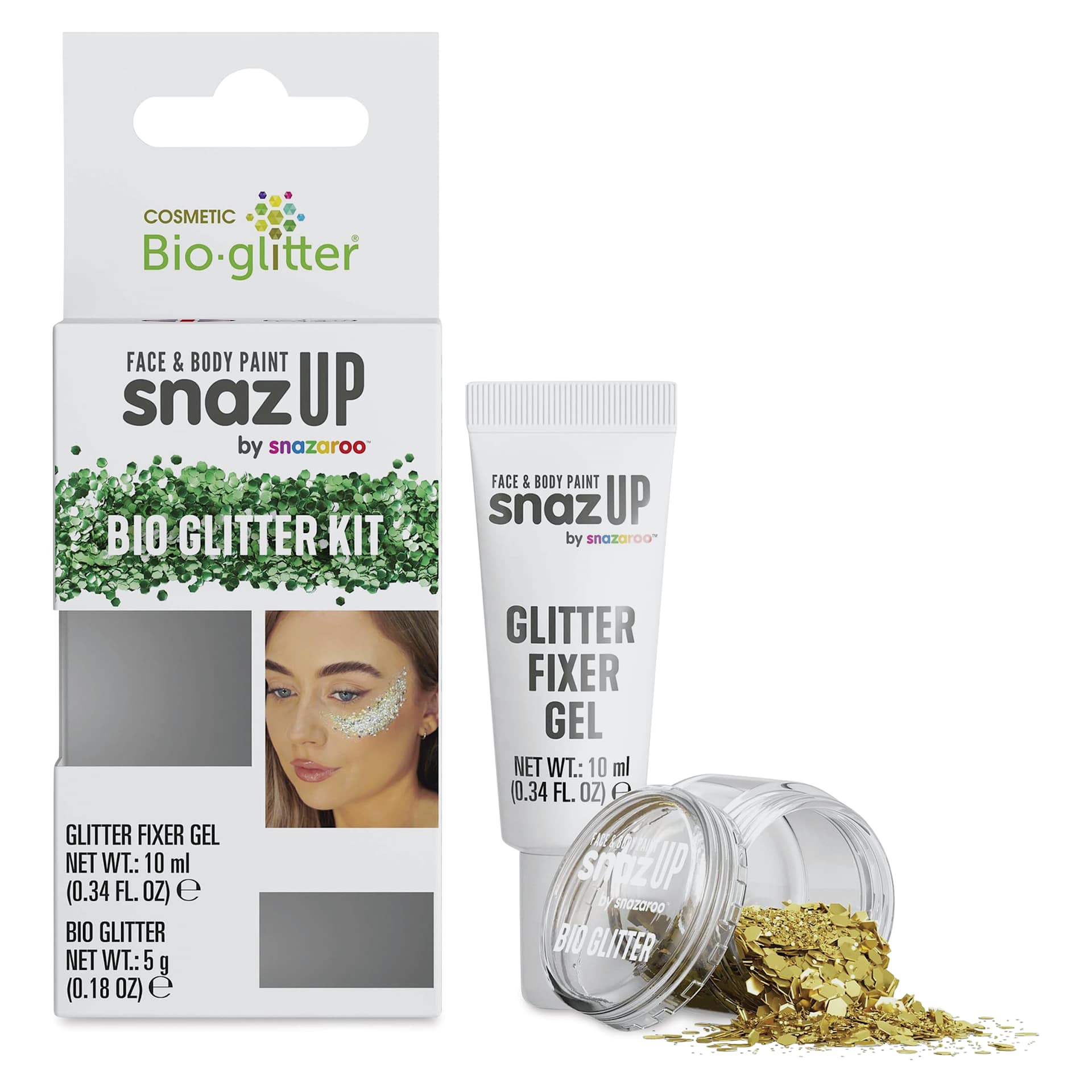 Snazaroo Bio Glitter Kit - Gold (Glitter and Fixer Gel next to kit)