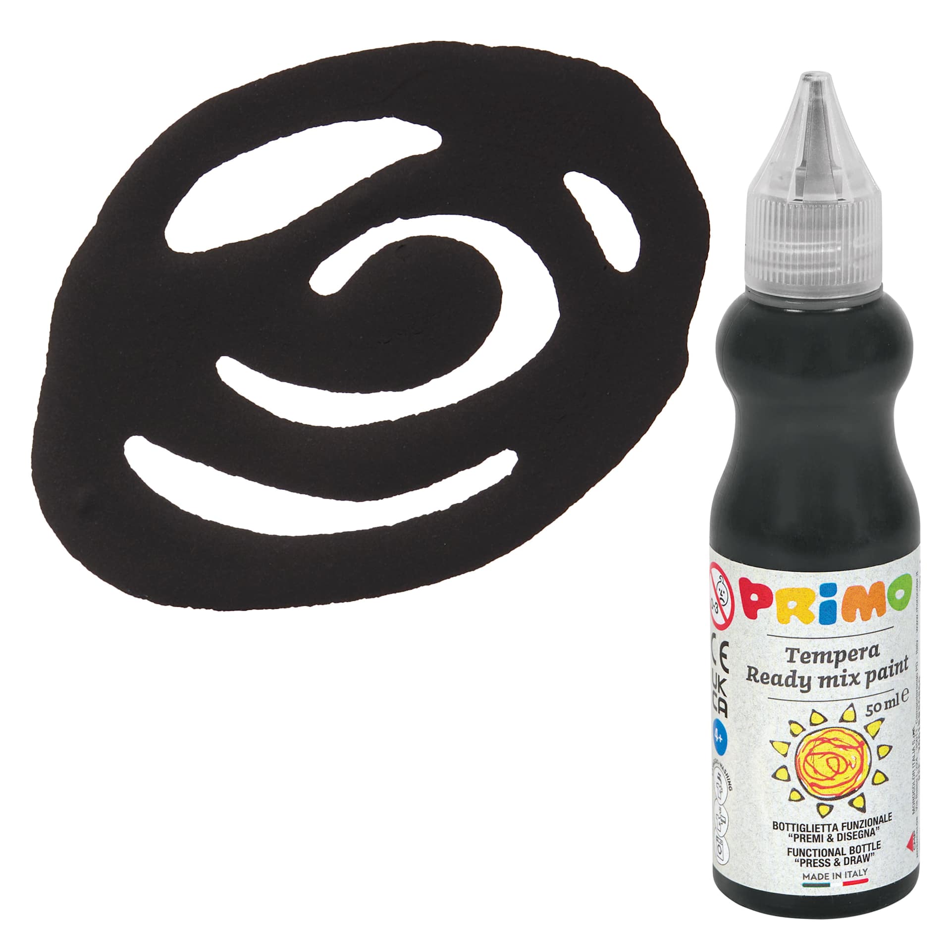 Primo Tempera Paint - Black, 50 ml bottle and swatch