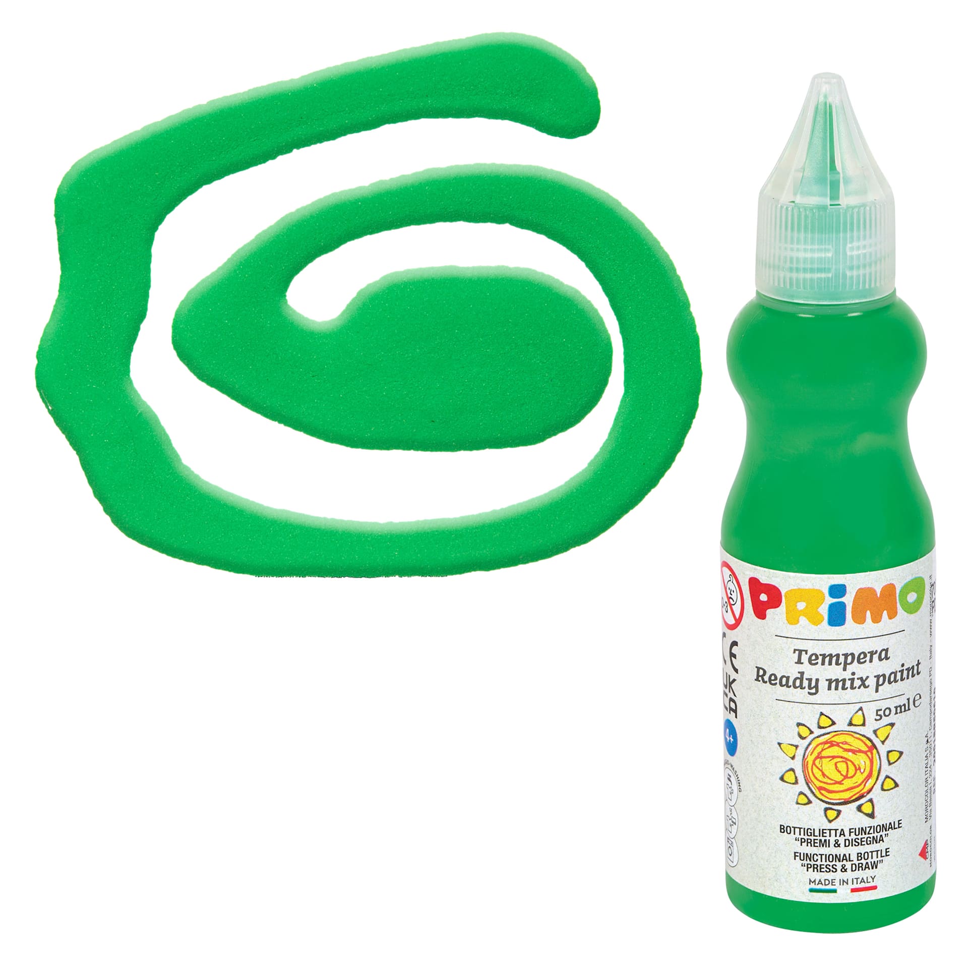 Primo Tempera Paint - Bright Green, 50 ml bottle and swatch