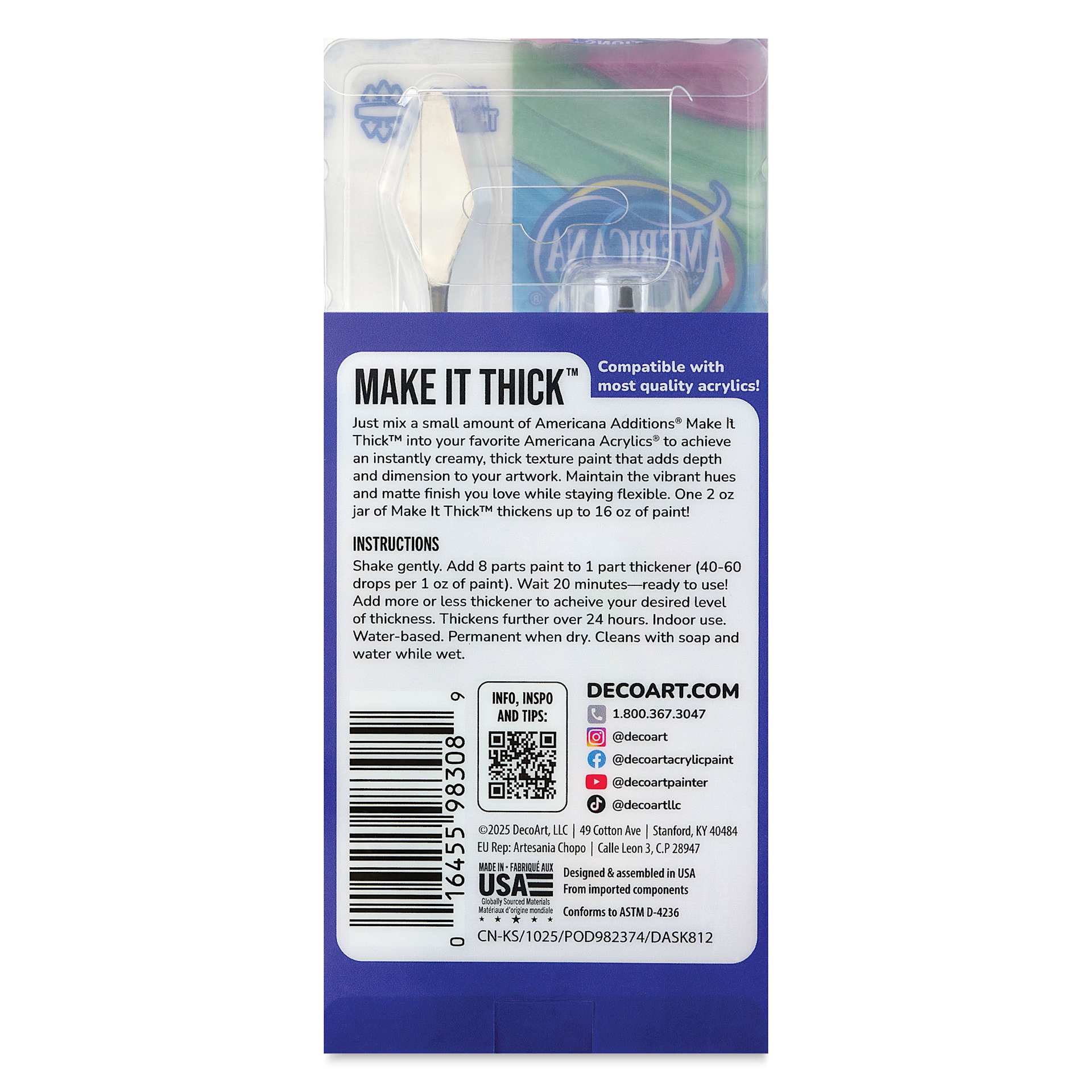 Back of the package for DecoArt Americana Additions Make It Thick Acrylic Medium Kit