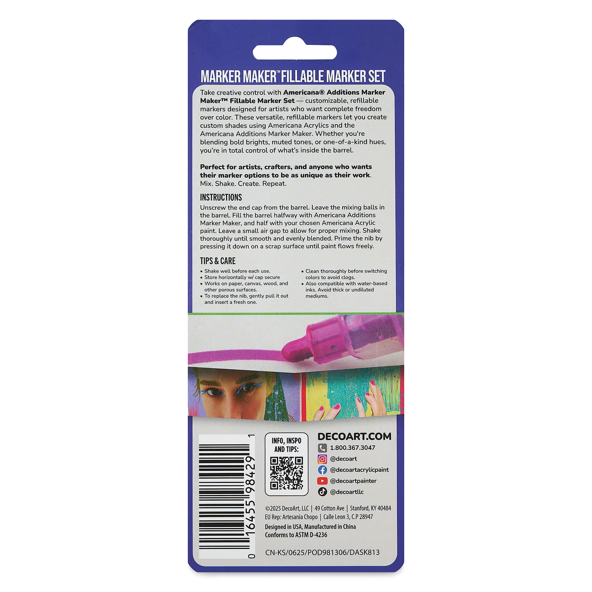 Back of package for DecoArt Americana Additions Marker Maker Fillable Marker Set